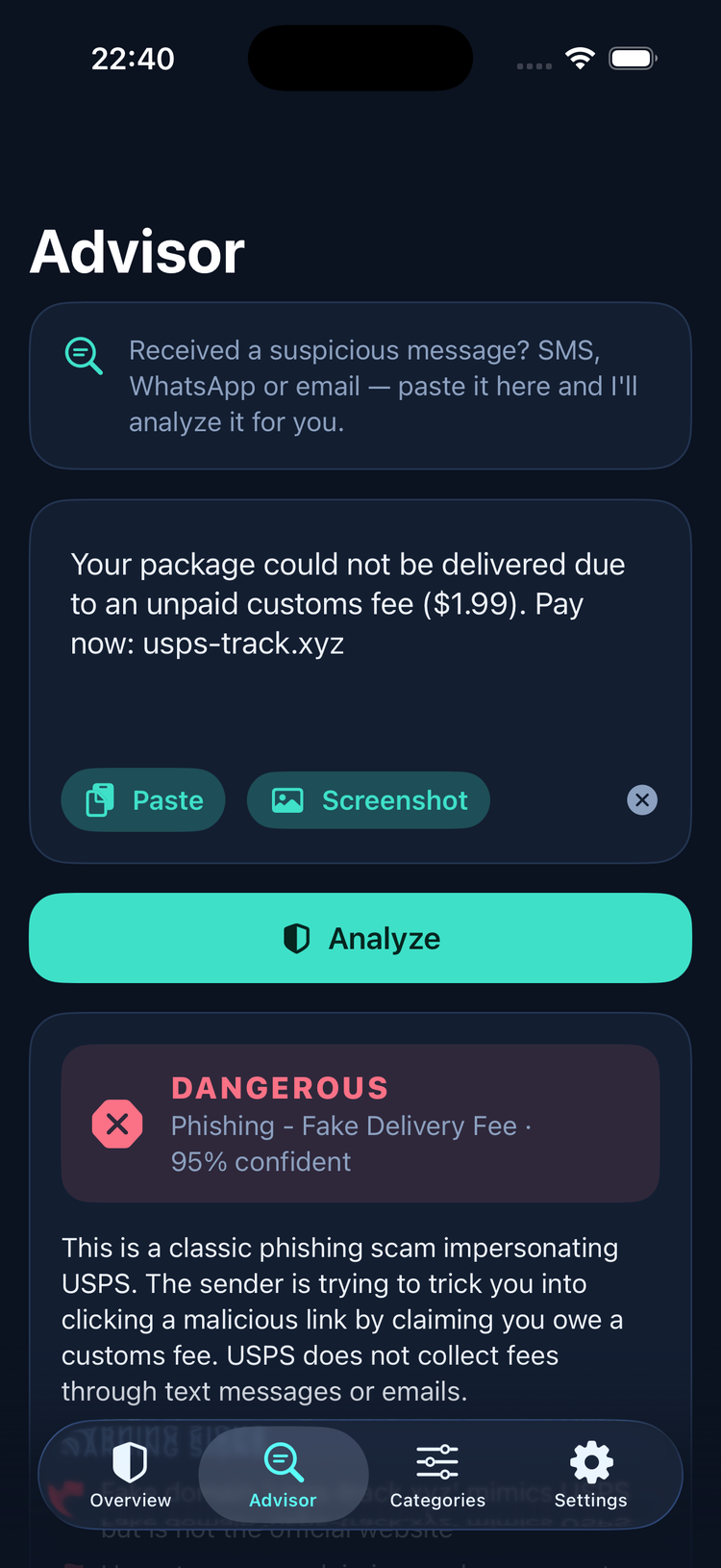 Advisor: detected a fake delivery-fee phishing scam with 95% confidence